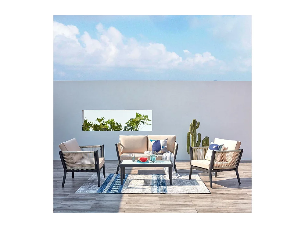 Salon jardin alu et corde écru-noir ANAHMA