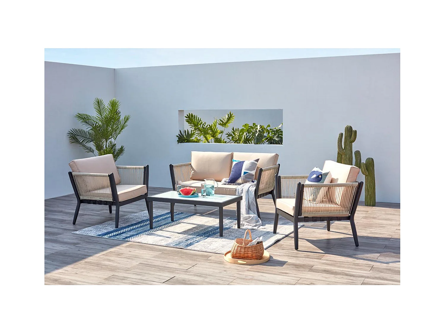 Salon jardin alu et corde écru-noir ANAHMA