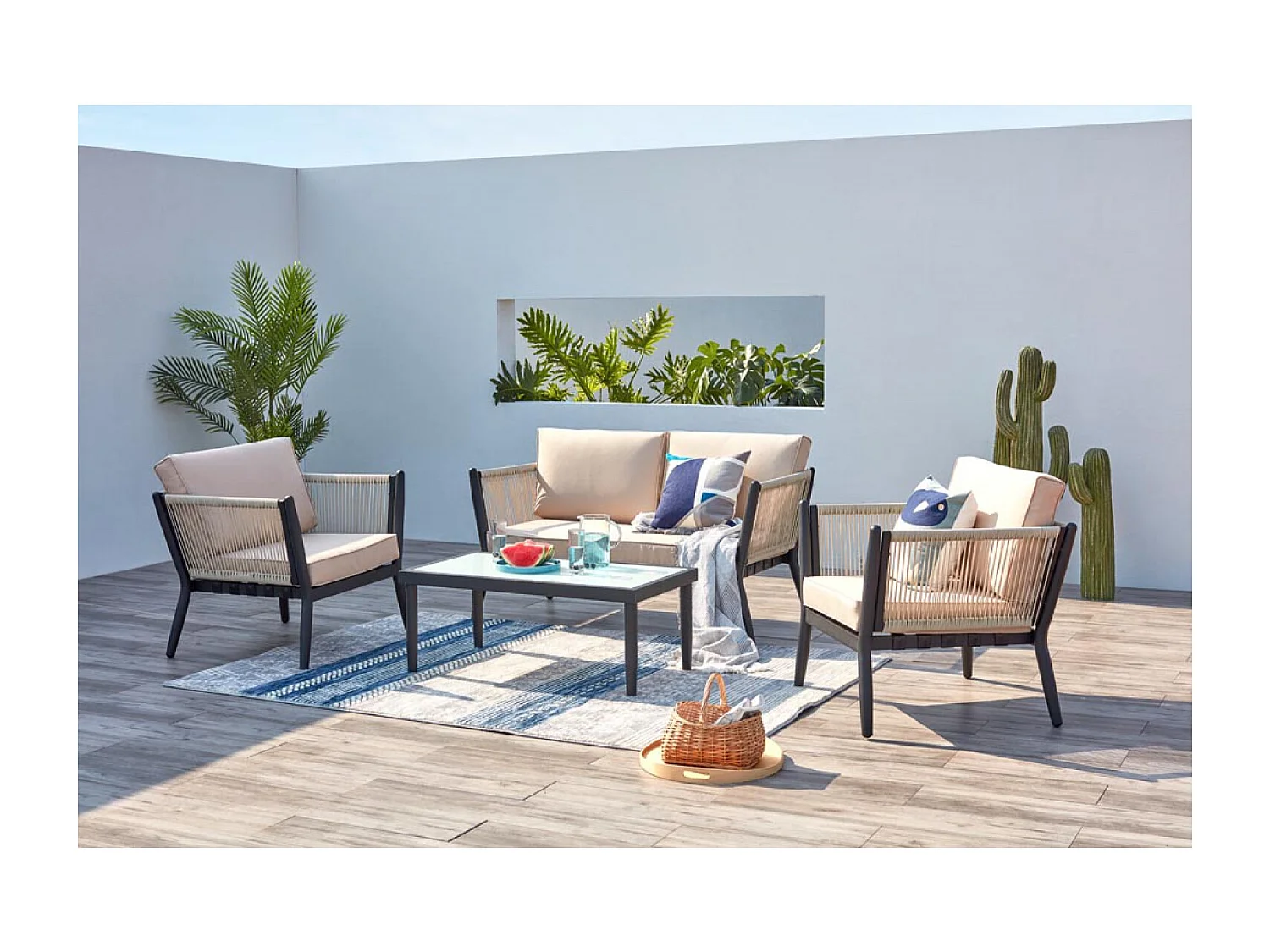 Salon jardin alu et corde écru-noir ANAHMA