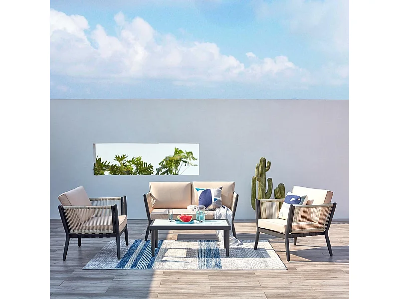 Gartenmöbelset 4 Plätze Aluminium und Seil Beige/Schwarz Anahma Modern und Komfortabel