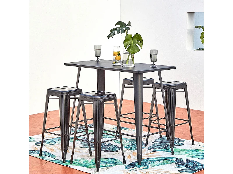 Tuinset met hoge tafel 4 plaatsen in industriële stijl zwart MERIDA - Bartafel en 4 metalen krukken