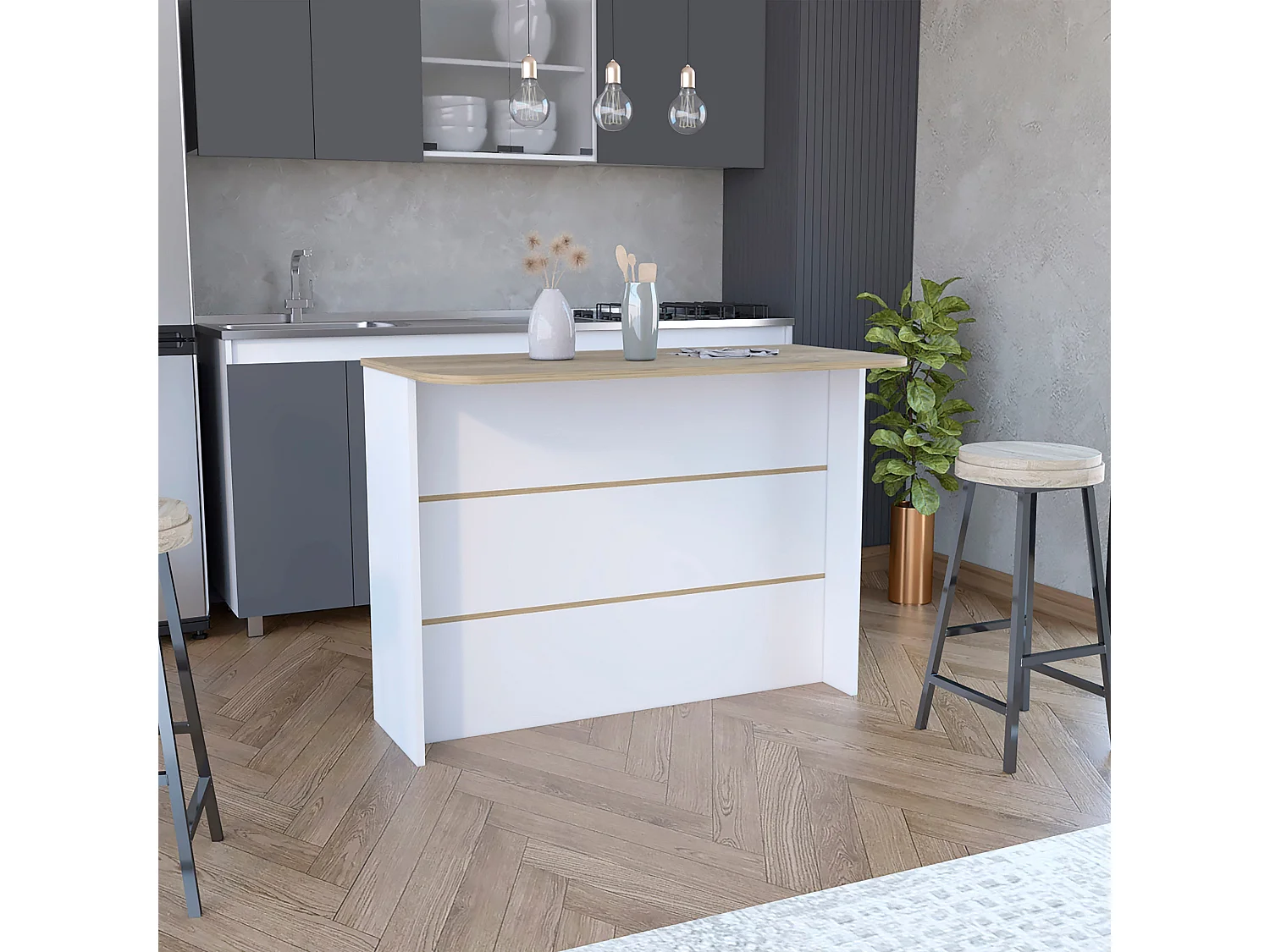 Barra de Cocina Llanes, con dos estantes 90 CM A X 120 CM An X 60 CM P. Blanco  /  Macadamia