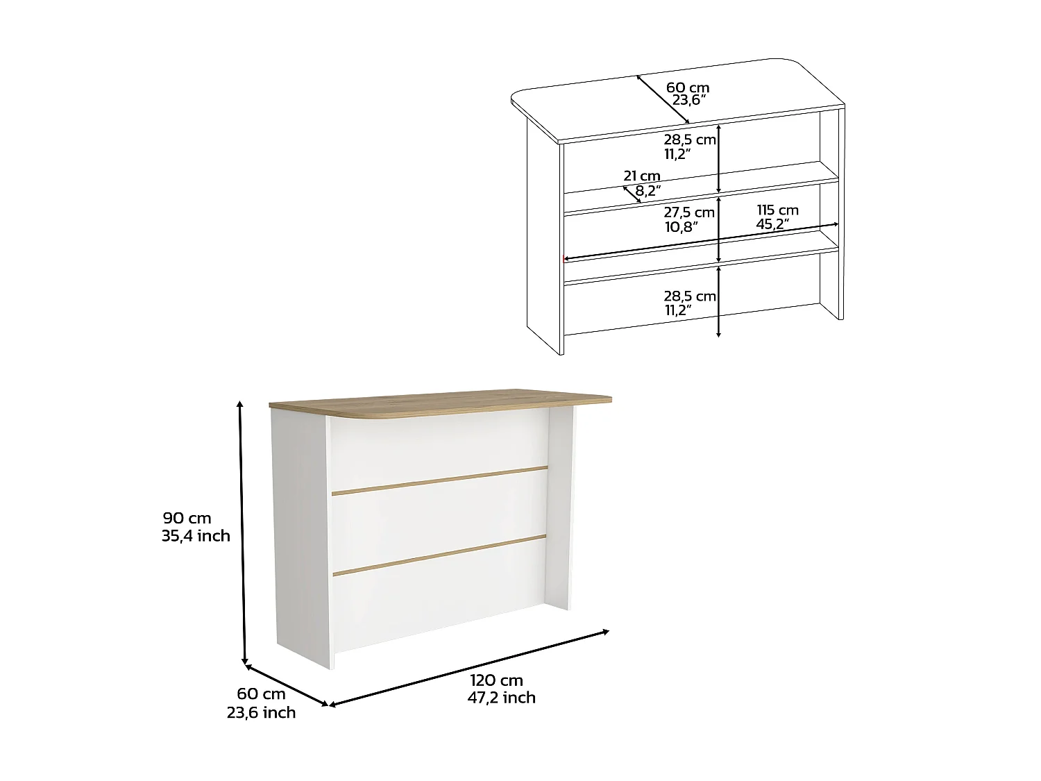 Barra de Cocina Llanes, con dos estantes 90 CM A X 120 CM An X 60 CM P. Blanco  /  Macadamia