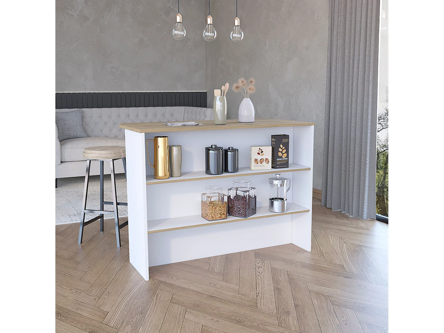 Barra de Cocina Llanes, con dos estantes 90 CM A X 120 CM An X 60 CM P. Blanco  /  Macadamia