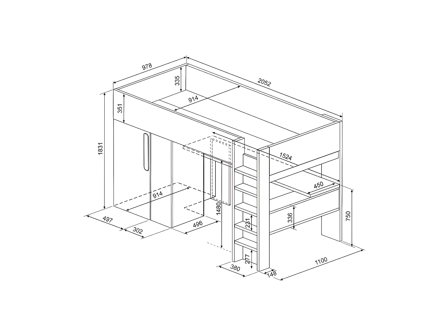 Mezzanine bed 90 x 200 cm met kleerkast en bureau - Blauw en wit + matras - NICOLAS