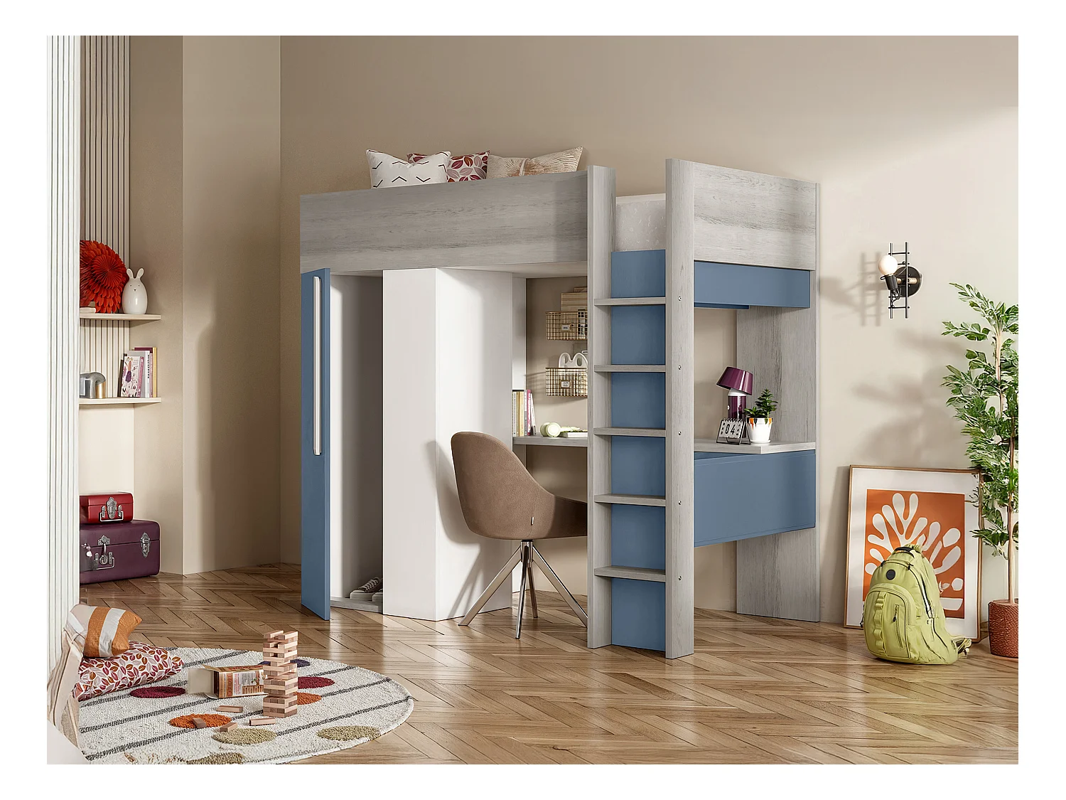 Cama alta 90 x 200 con armario y escritorio - Azul y blanco + colchón - NICOLAS