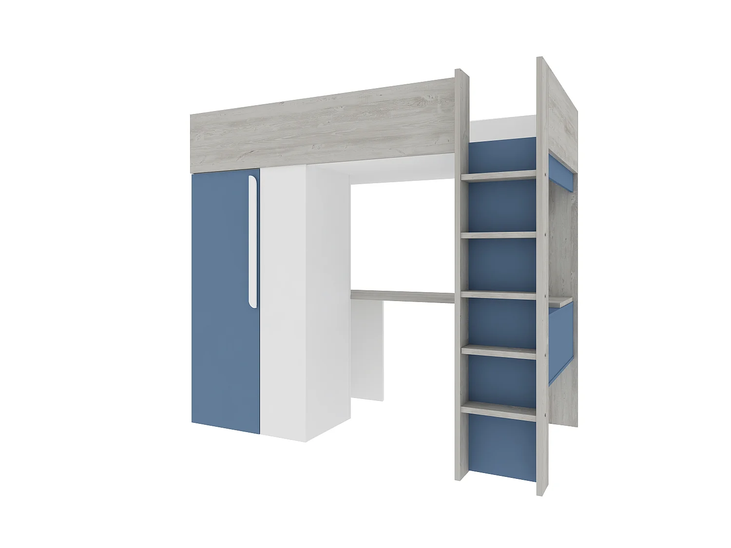 Cama alta 90 x 200 con armario y escritorio - Azul y blanco + colchón - NICOLAS