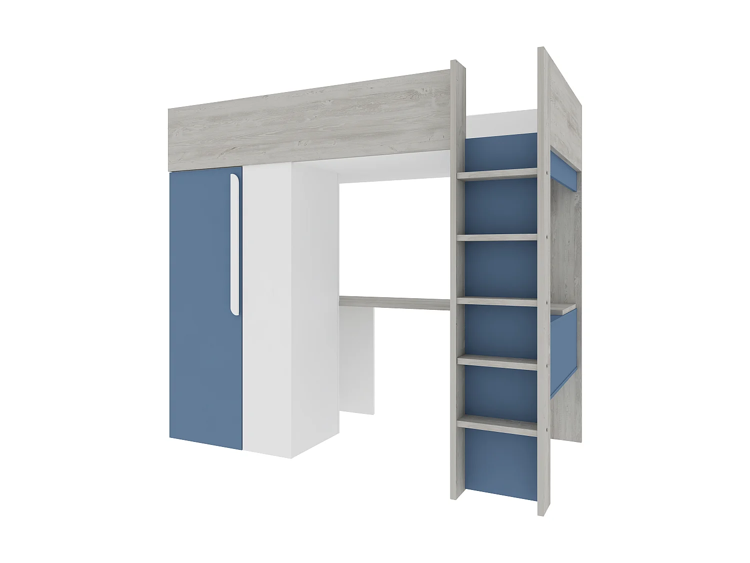 Cama alta 90 x 200 con armario y escritorio - Azul y blanco + colchón - NICOLAS