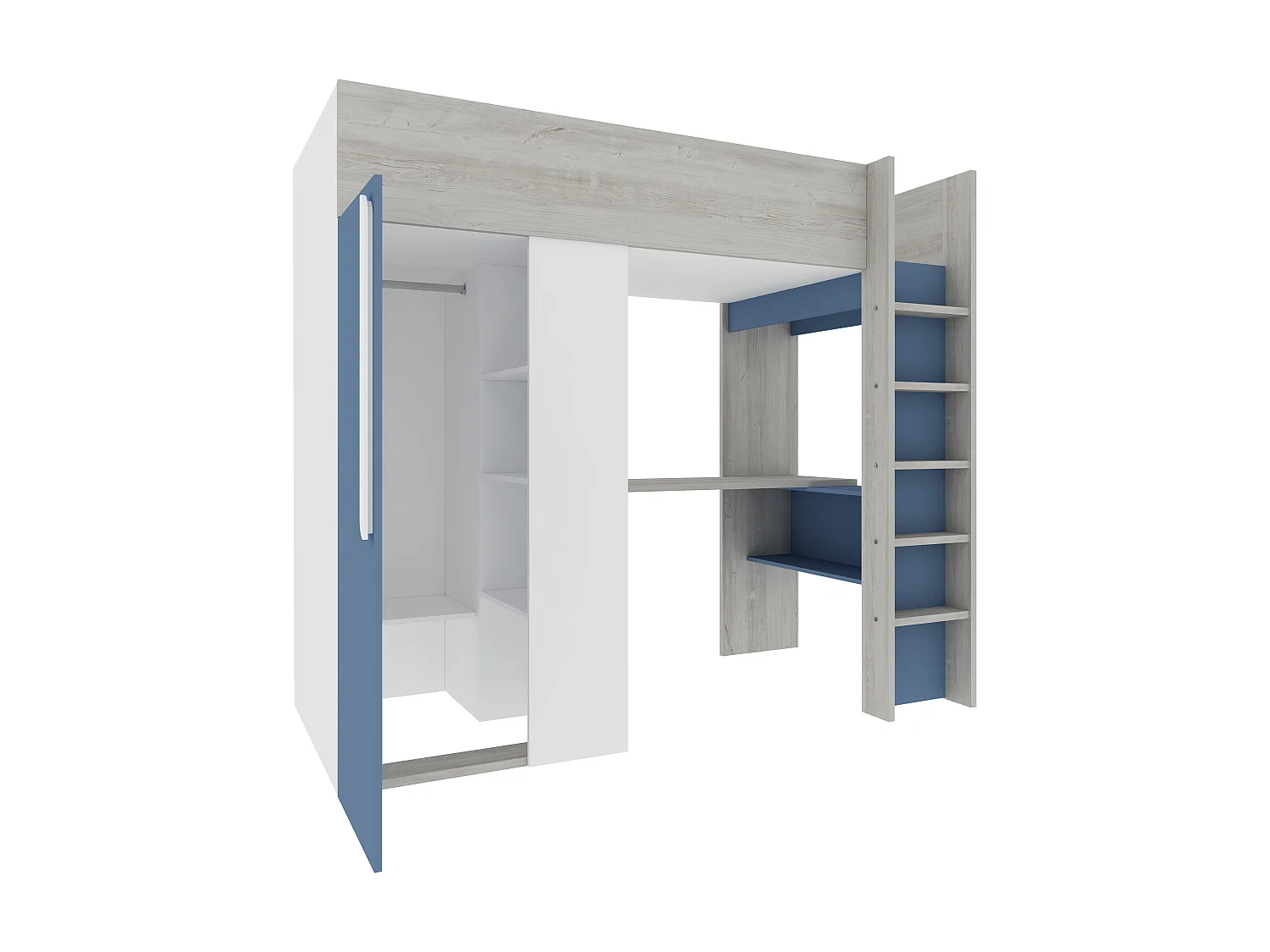 Cama alta 90 x 200 con armario y escritorio - Azul y blanco + colchón - NICOLAS