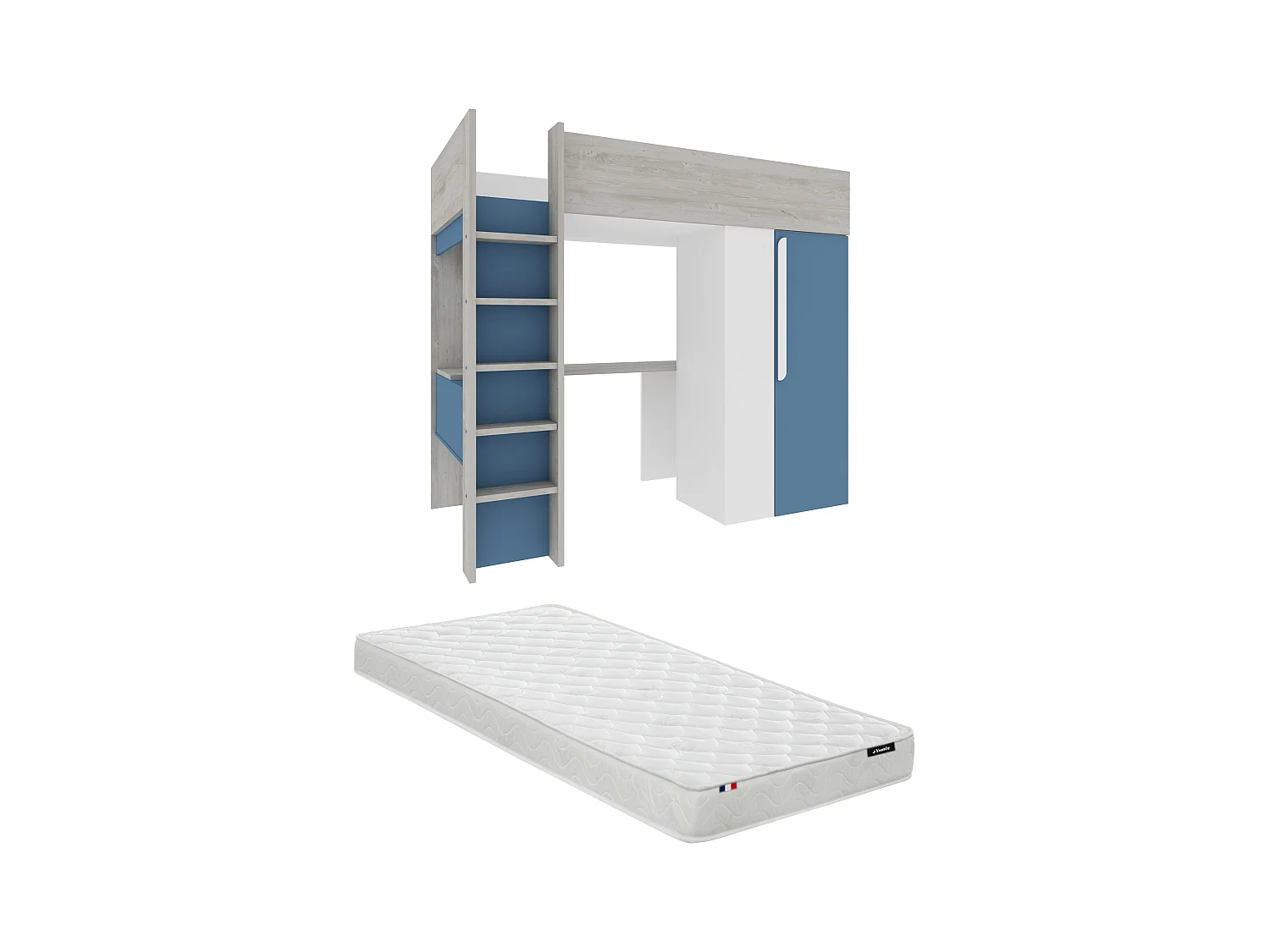 Cama alta 90 x 200 con armario y escritorio - Azul y blanco + colchón - NICOLAS