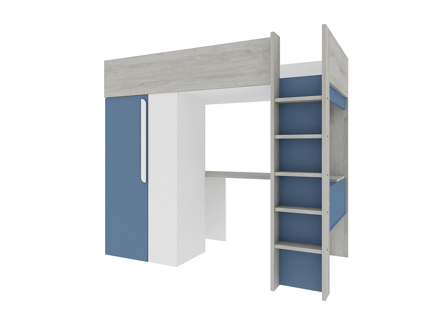 Cama alta 90 x 200 con armario y escritorio - Azul y blanco + colchón - NICOLAS