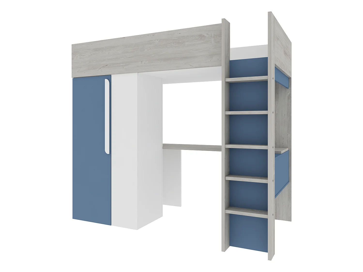 Cama alta 90 x 200 con armario y escritorio - Azul y blanco + colchón - NICOLAS