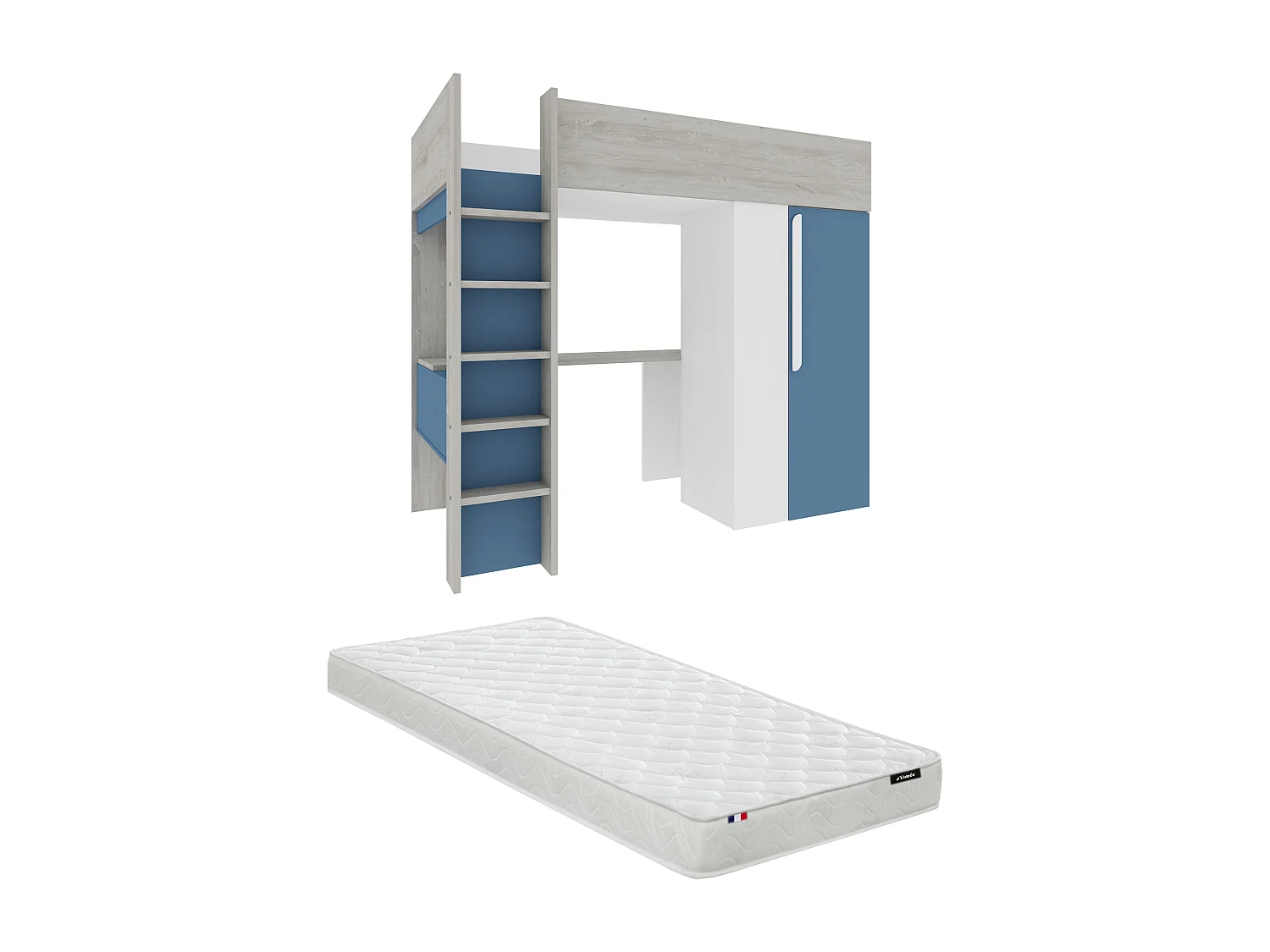 Cama alta 90 x 200 con armario y escritorio - Azul y blanco + colchón - NICOLAS
