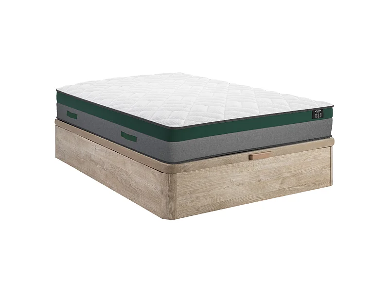 Zestaw łóżko 140 x 190 cm - stelaż ze skrzynią jasny naturalny + materac ze sprężynami kieszeniowymi - PRESTIGE marki YSMÉE