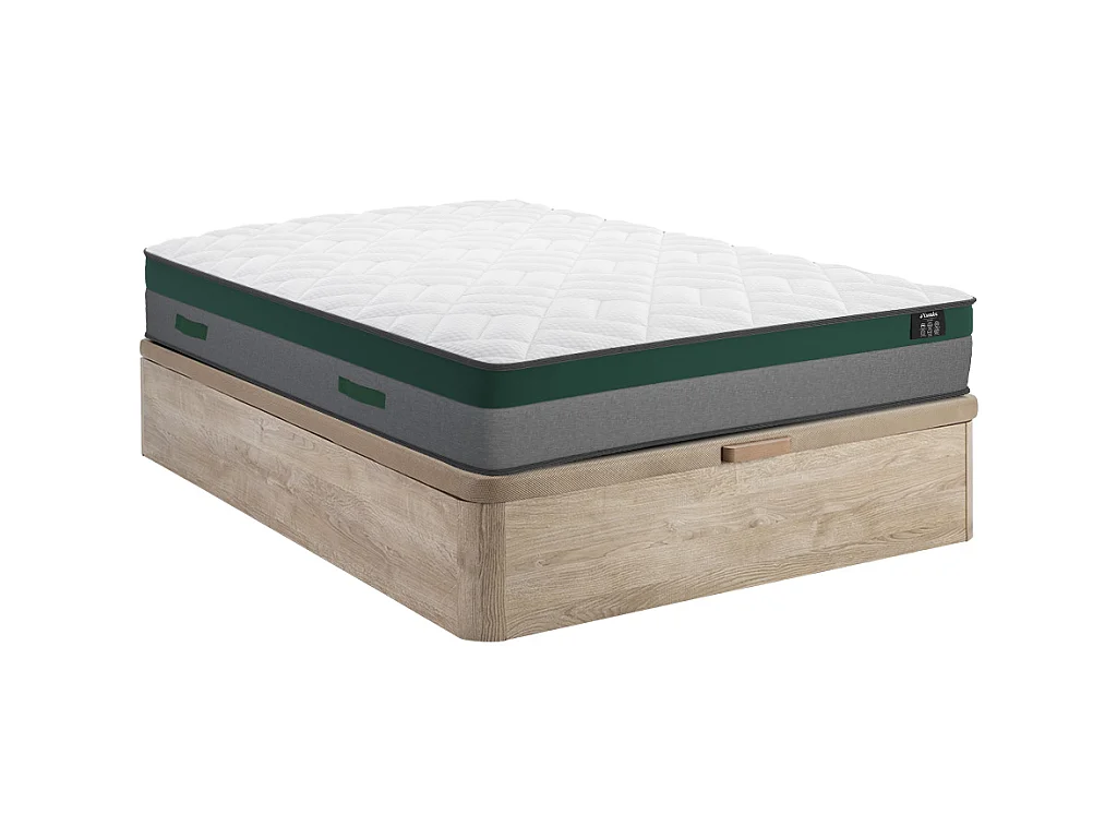 Set aus Bettgestell mit Bettkasten + Taschenfederkernmatratze - 160 x 200 cm - Stärke 22 cm - Holzfarben hell - PRESTIGE von YSMÉE