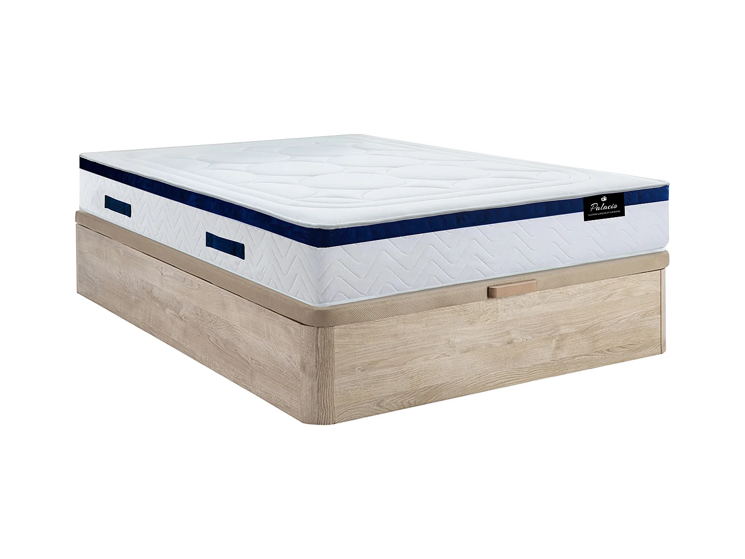 Zestaw łóżko 160 x 200 cm - stelaż ze skrzynią jasny naturalny + materac hybrydowy ze sprężynami kieszeniowymi - MARQUIS PALACIO