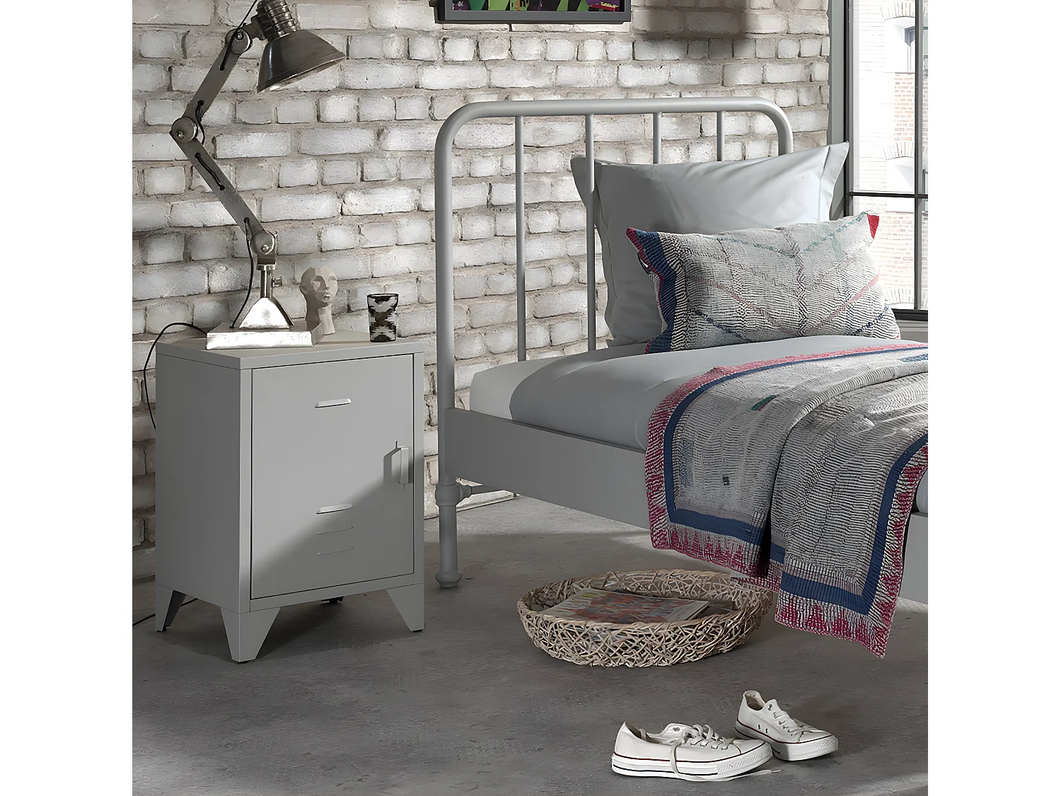 CHICAGO - Chevet 1 Porte Style Casier Industriel Métal Gris