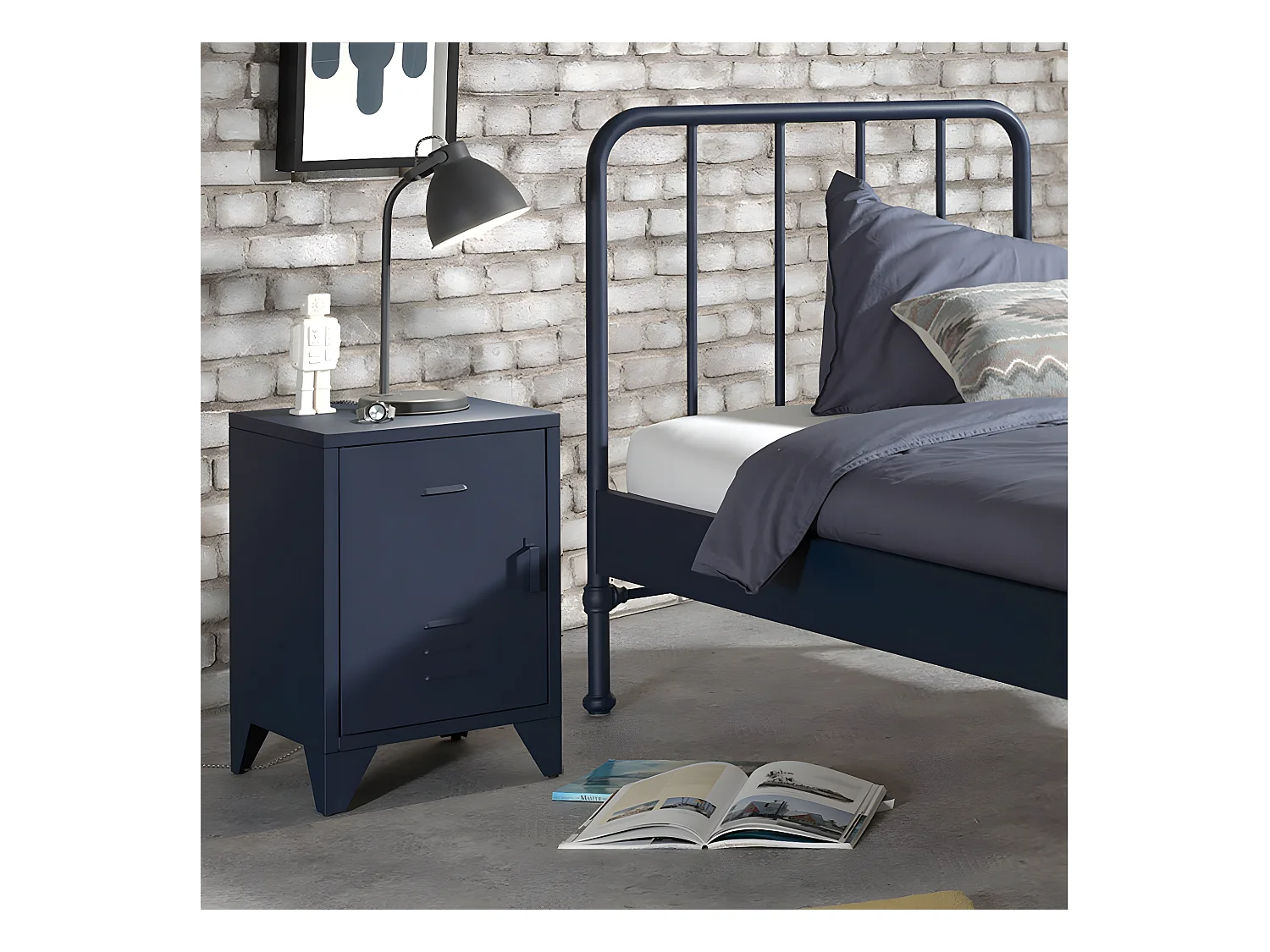 CHICAGO - Chevet 1 Porte Style Casier Industriel Métal Bleu