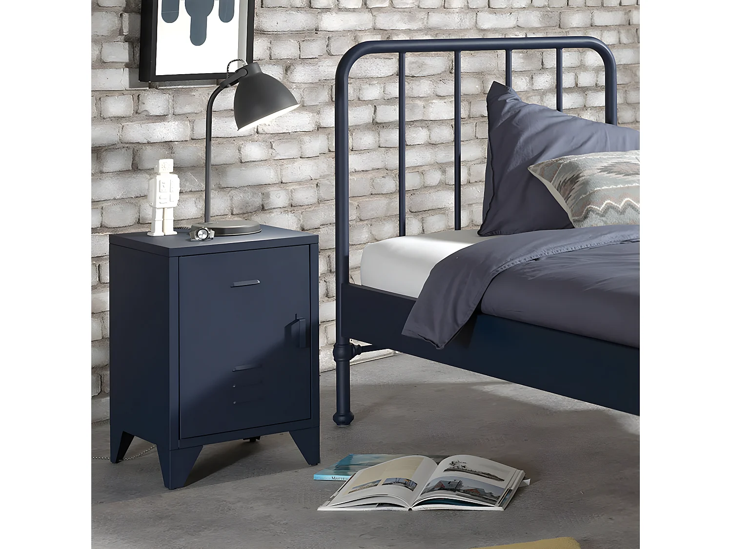 CHICAGO - Chevet 1 Porte Style Casier Industriel Métal Bleu