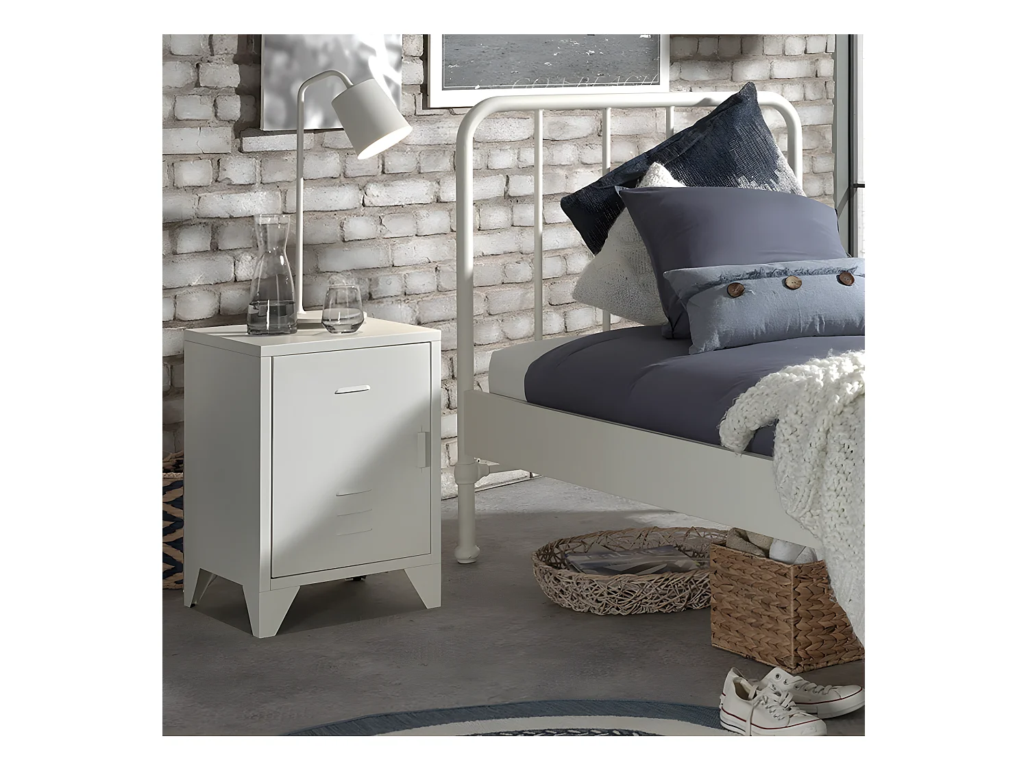 CHICAGO - Chevet 1 Porte Style Casier Industriel Métal Blanc