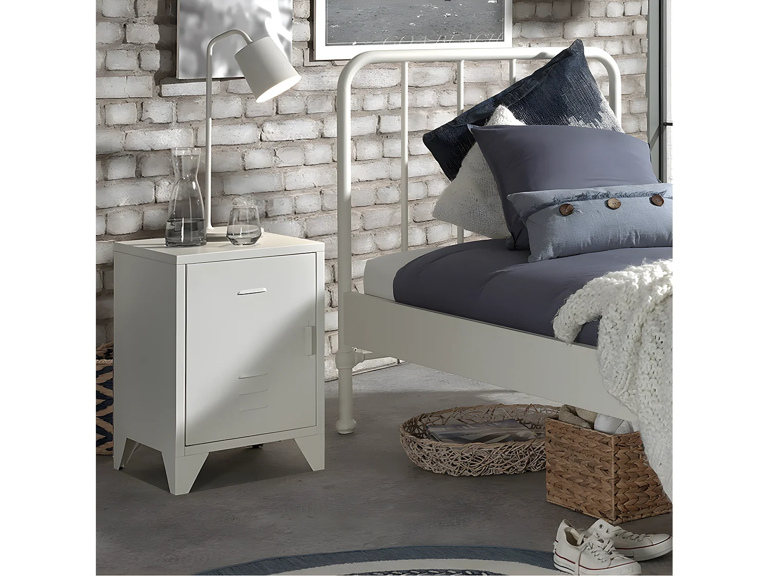 CHICAGO - Chevet 1 Porte Style Casier Industriel Métal Blanc