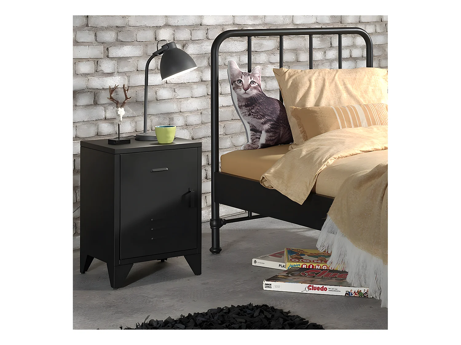 CHICAGO - Chevet 1 Porte Style Casier Industriel Métal Noir