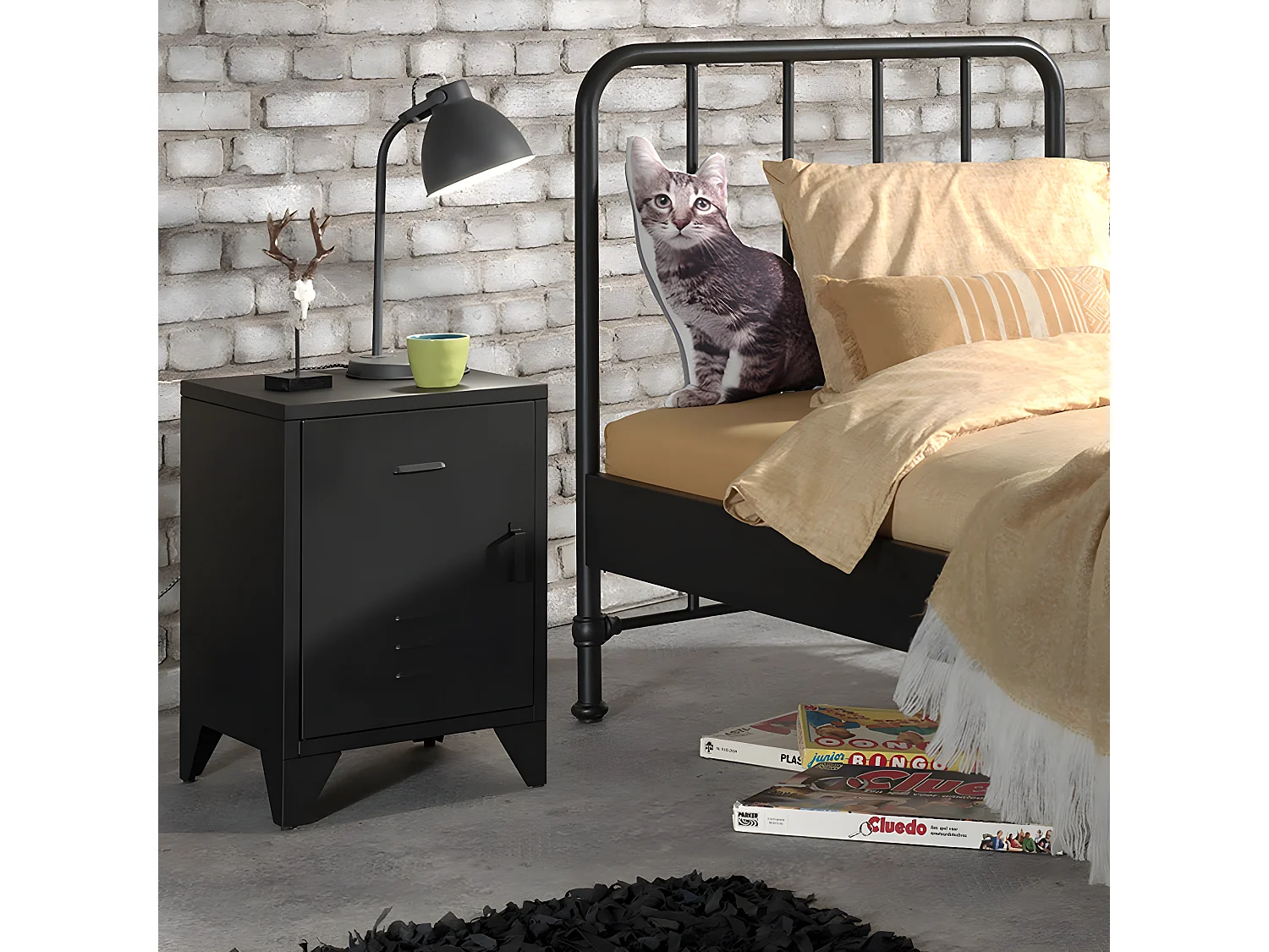 CHICAGO - Chevet 1 Porte Style Casier Industriel Métal Noir