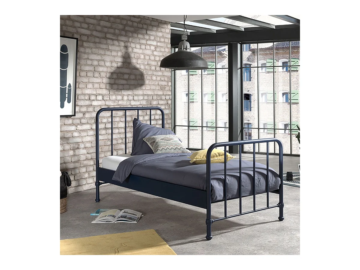 CHICAGO - Lit à Barreaux 90x200cm Métal Poudré Bleu