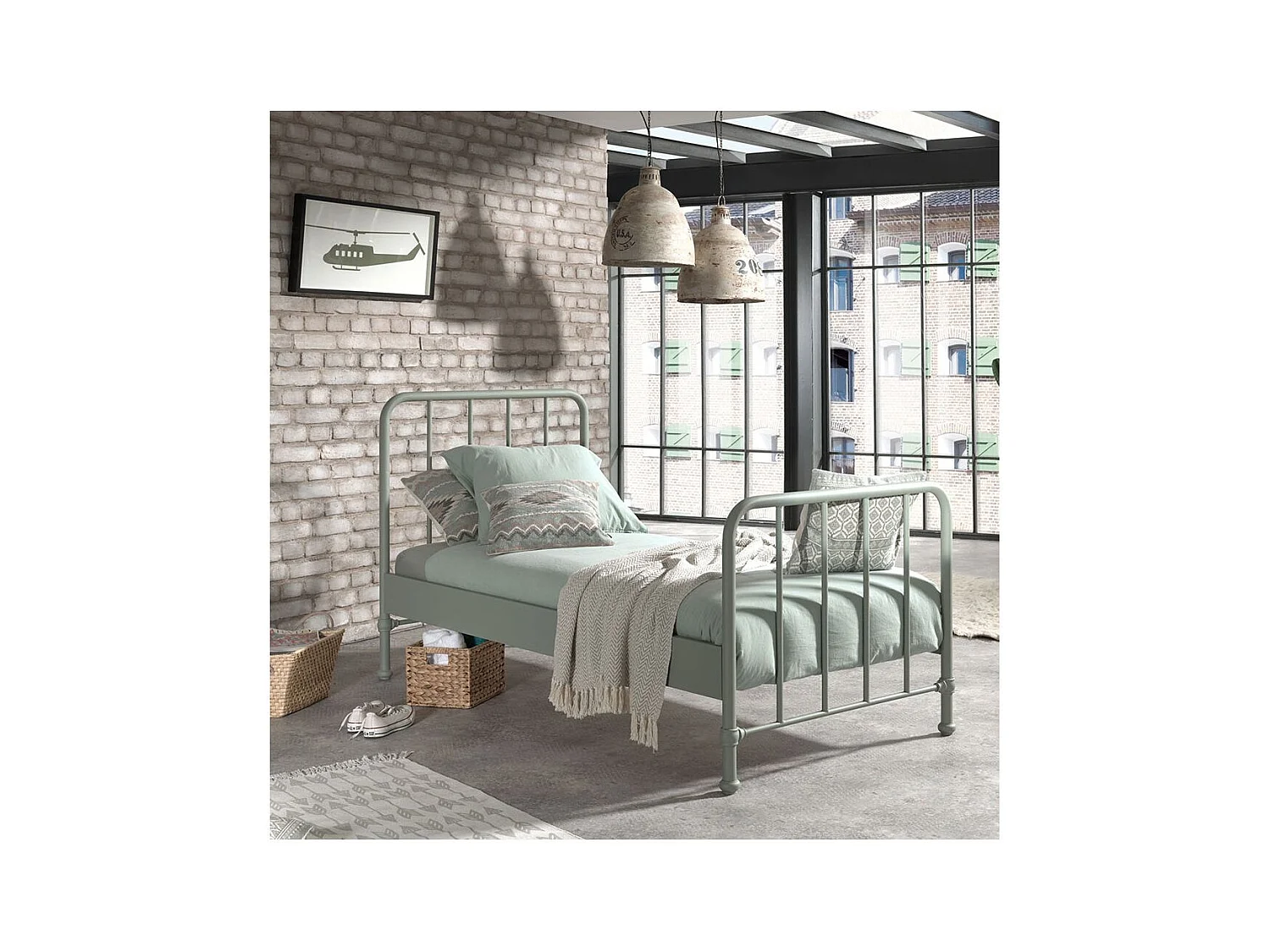 CHICAGO - Lit à Barreaux 90x200cm Métal Poudré Vert Olive