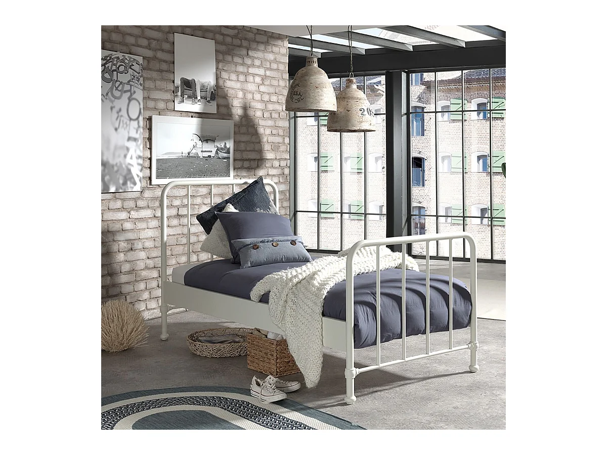 CHICAGO - Lit à Barreaux 90x200cm Métal Poudré Blanc