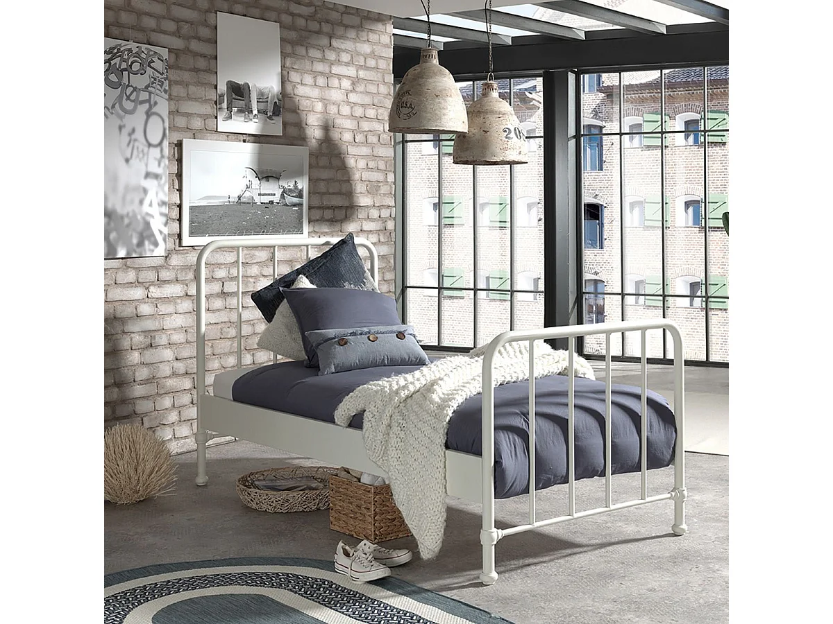 CHICAGO - Lit à Barreaux 90x200cm Métal Poudré Blanc