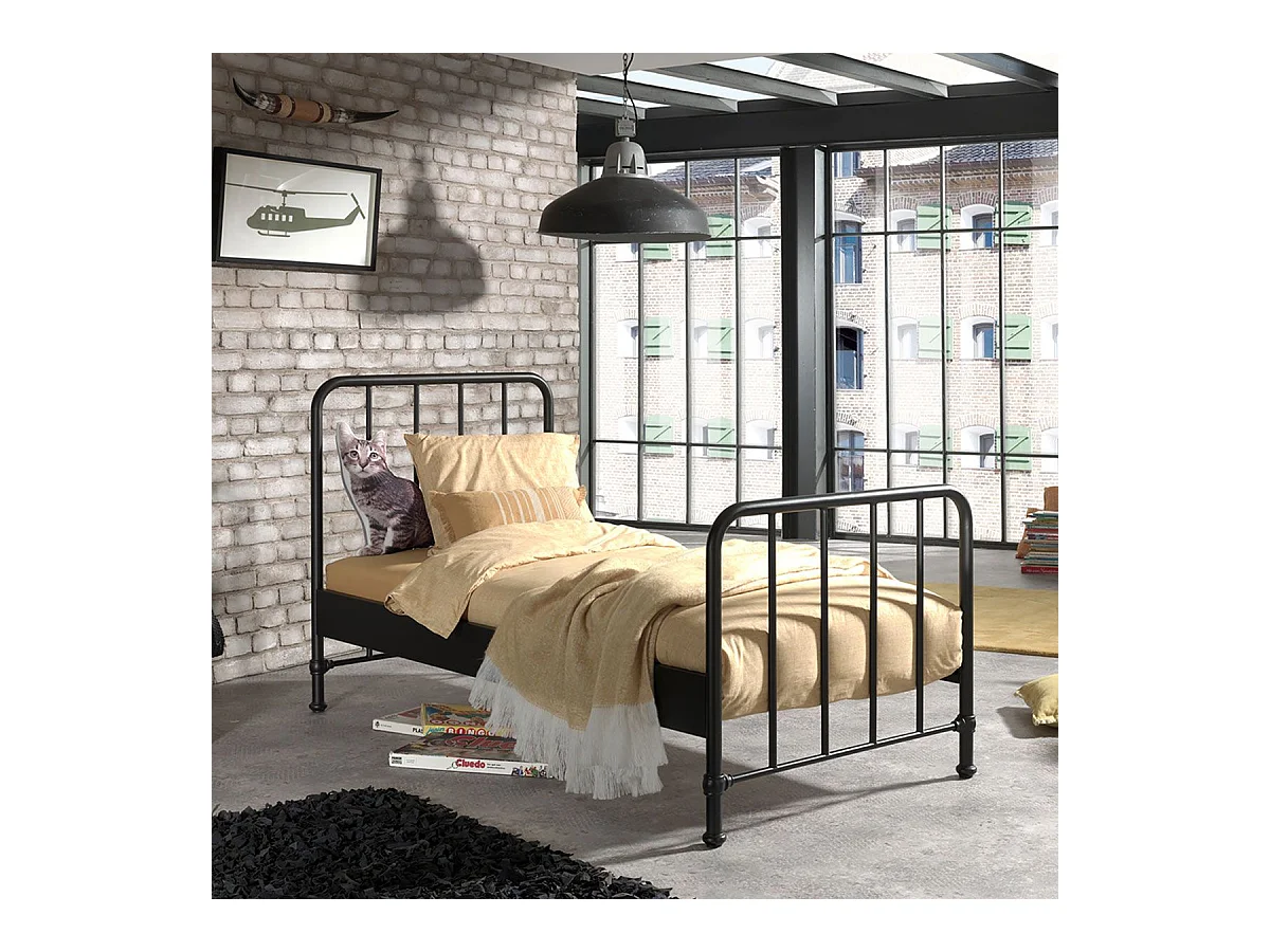 CHICAGO - Lit à Barreaux 90x200cm Métal Poudré Noir