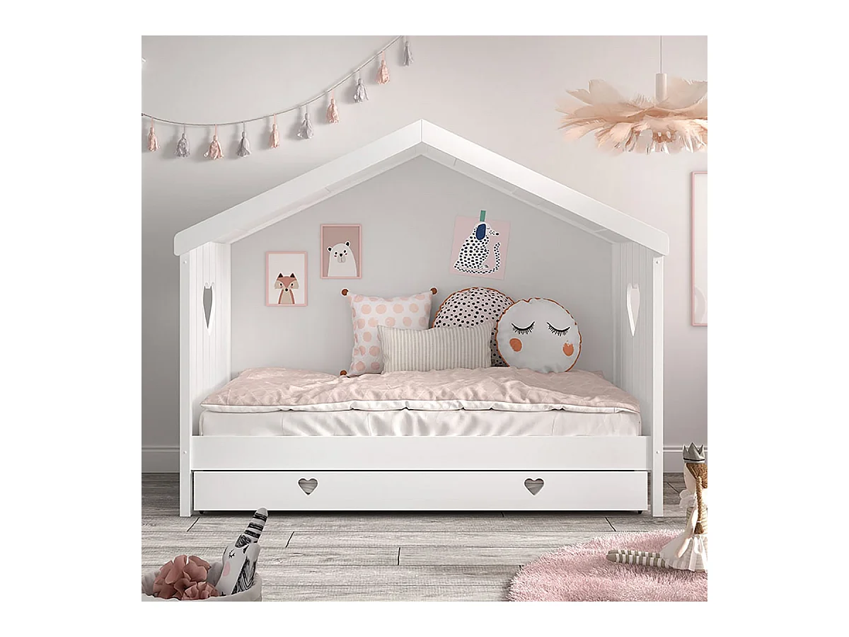 MILADY - Lit Cabane Ouvert 90x200cm Blanc avec Tiroir de Lit