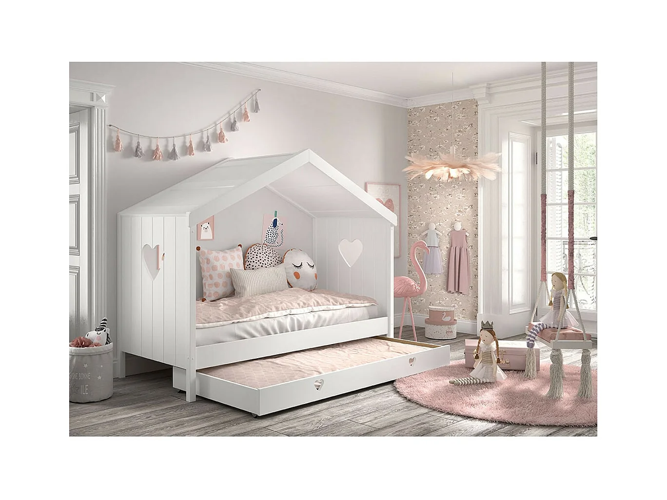 MILADY - Lit Cabane Ouvert 90x200cm Blanc avec Tiroir de Lit