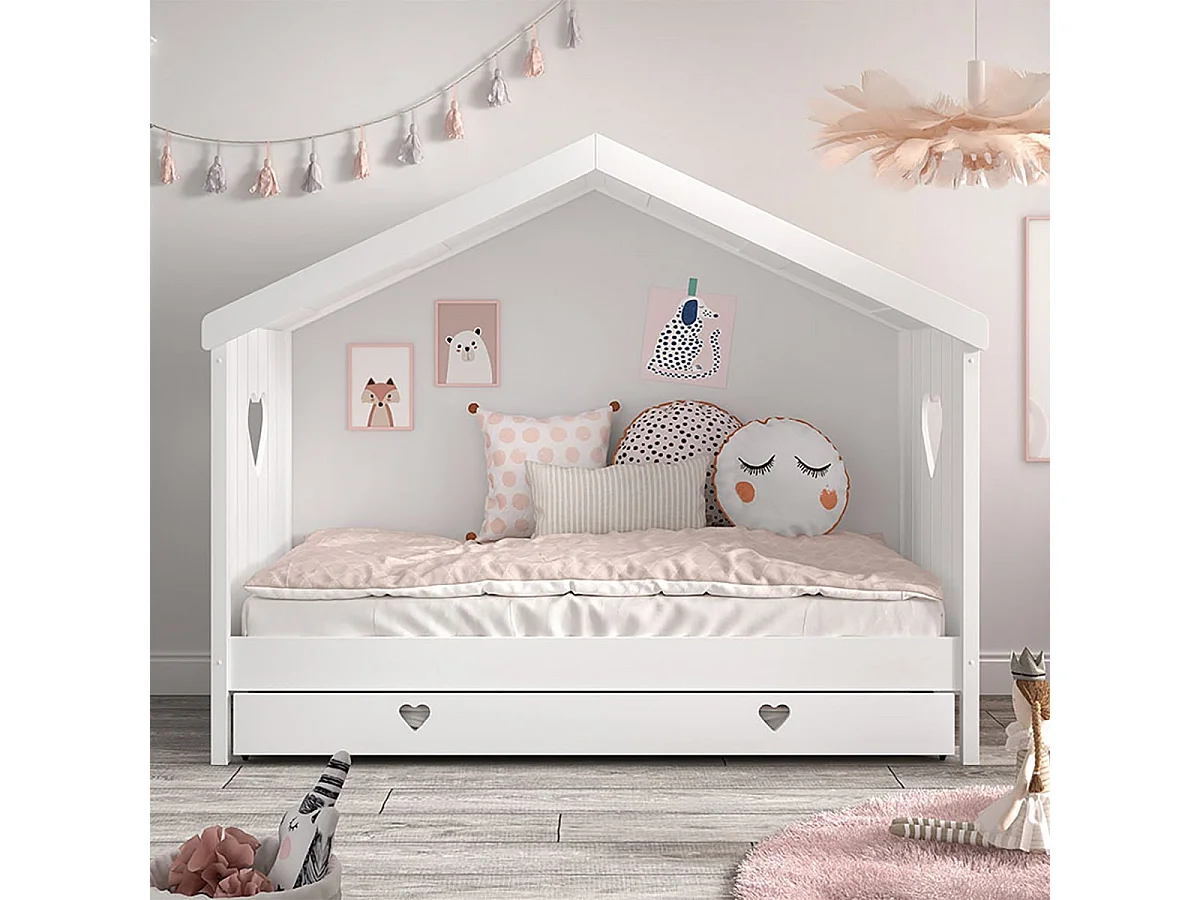 MILADY - Lit Cabane Ouvert 90x200cm Blanc avec Tiroir de Lit