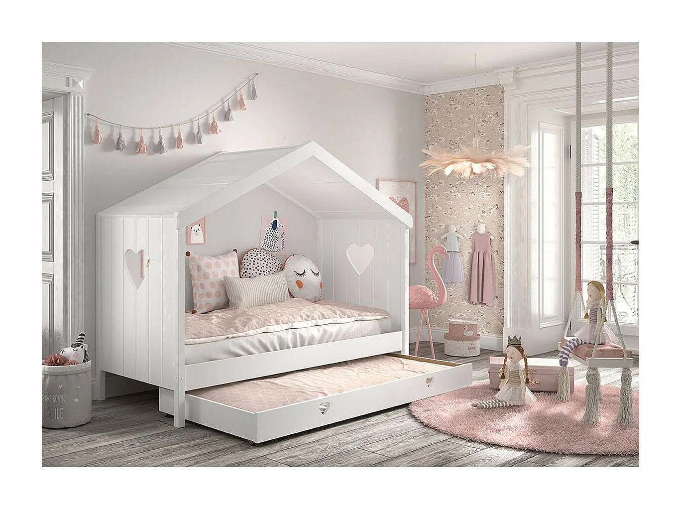 MILADY - Lit Cabane Ouvert 90x200cm Blanc avec Tiroir de Lit