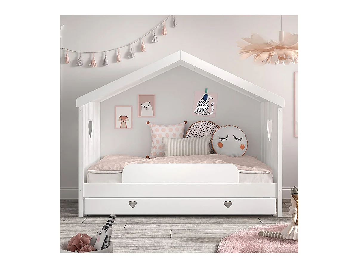 MILADY - Lit Cabane Ouvert 90x200cm + Tiroir + Barrière de Lit