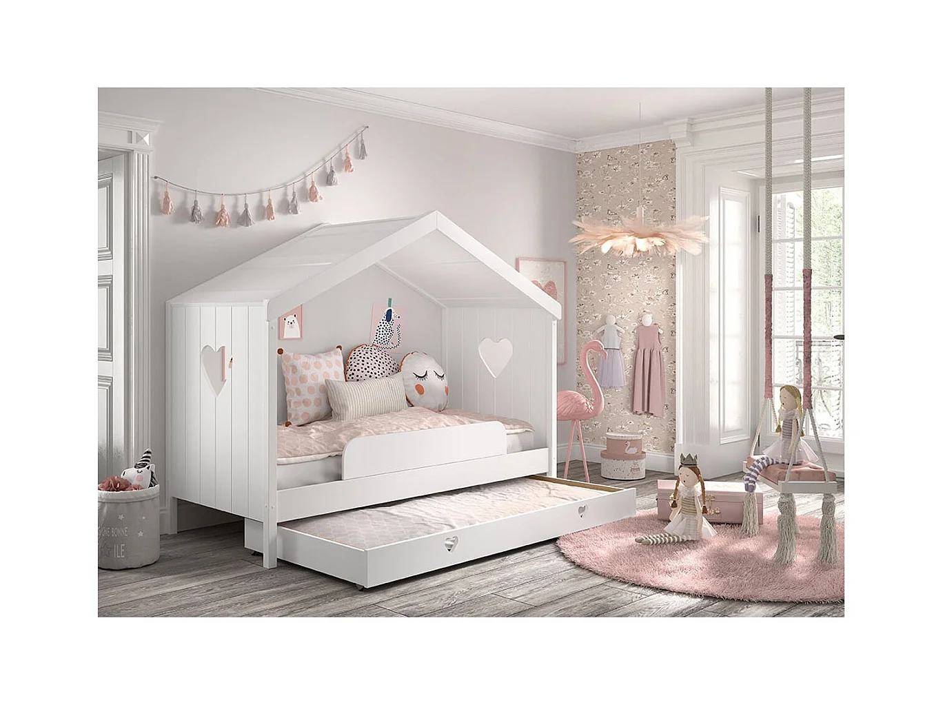 MILADY - Lit Cabane Ouvert 90x200cm + Tiroir + Barrière de Lit