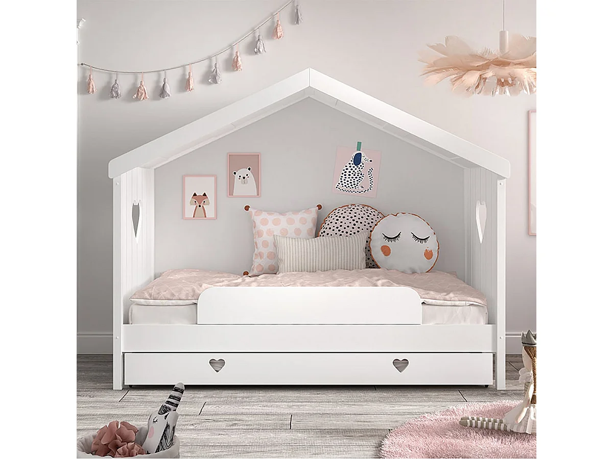 MILADY - Lit Cabane Ouvert 90x200cm + Tiroir + Barrière de Lit