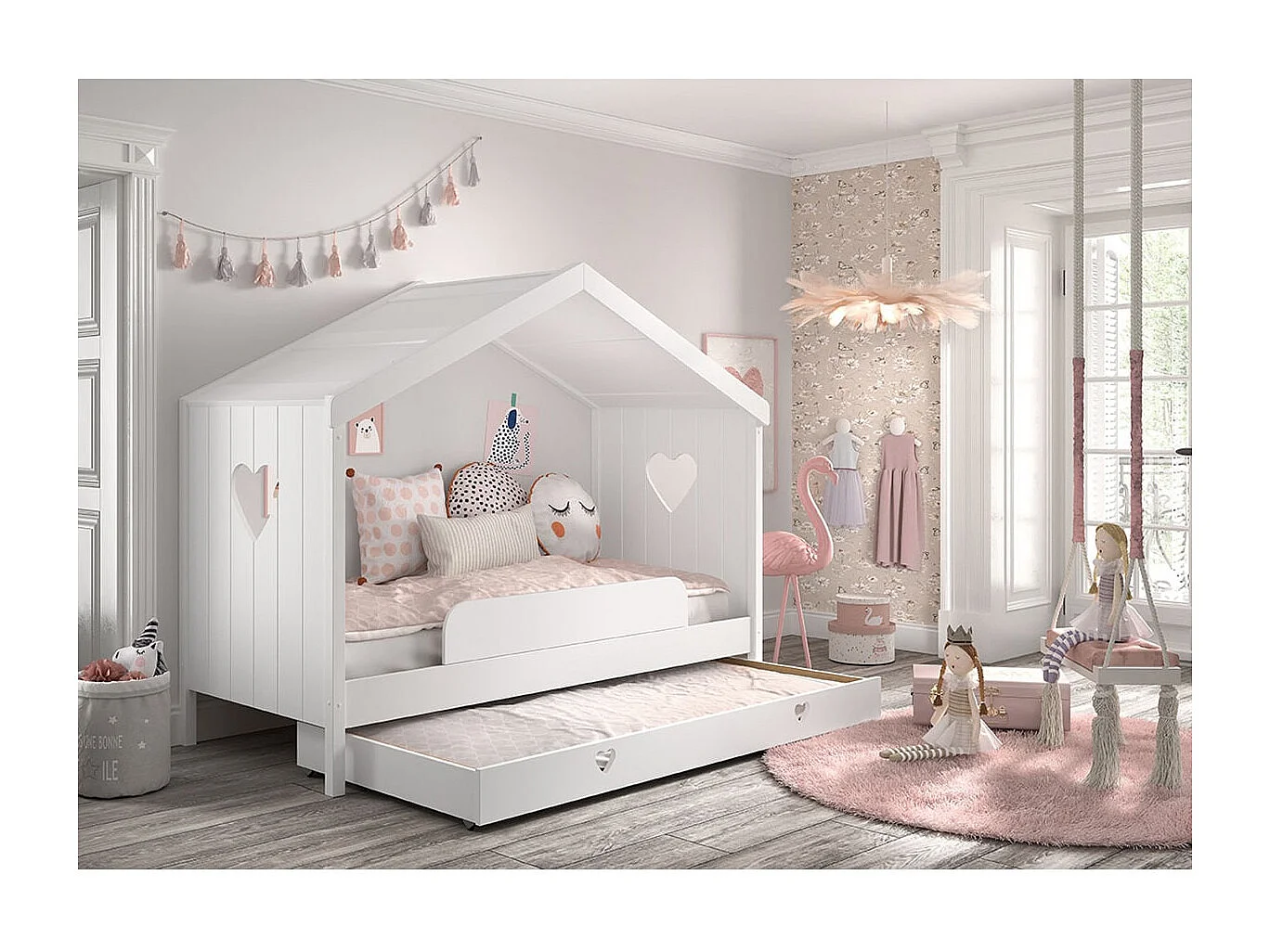 MILADY - Lit Cabane Ouvert 90x200cm + Tiroir + Barrière de Lit