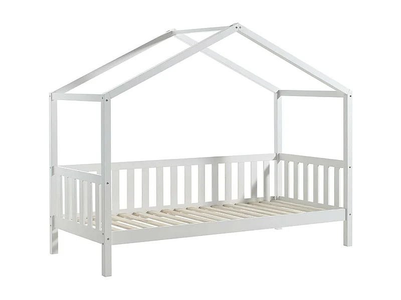 ARKAN - Lit Maison à Barrières 90x200cm Pin Massif Blanc