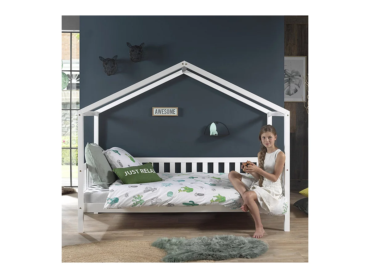 ARKAN - Lit Maison à Barrières 90x200cm Pin Massif Blanc