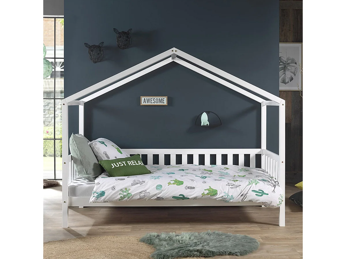 ARKAN - Lit Maison à Barrières 90x200cm Pin Massif Blanc