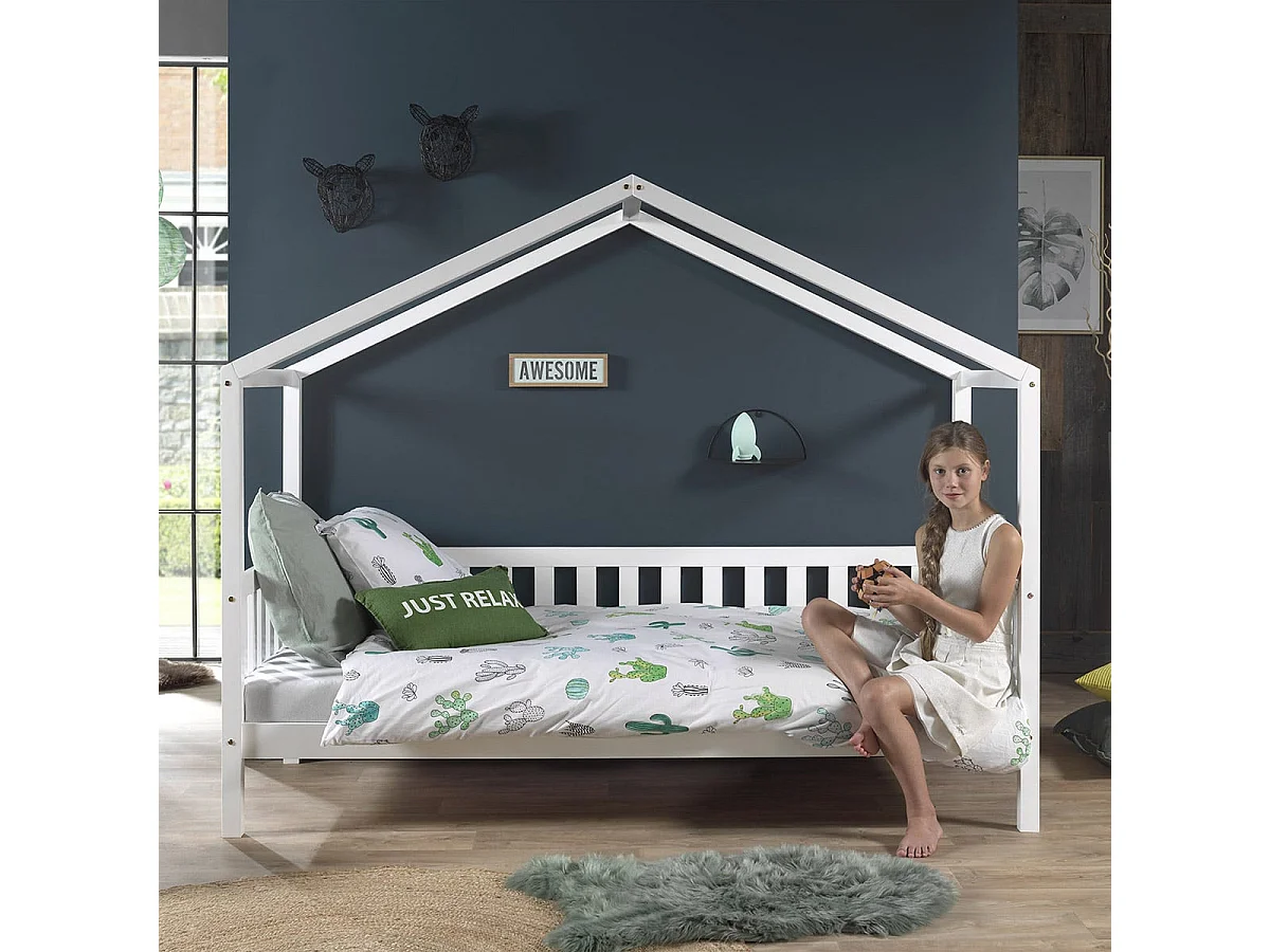 ARKAN - Lit Maison à Barrières 90x200cm Pin Massif Blanc