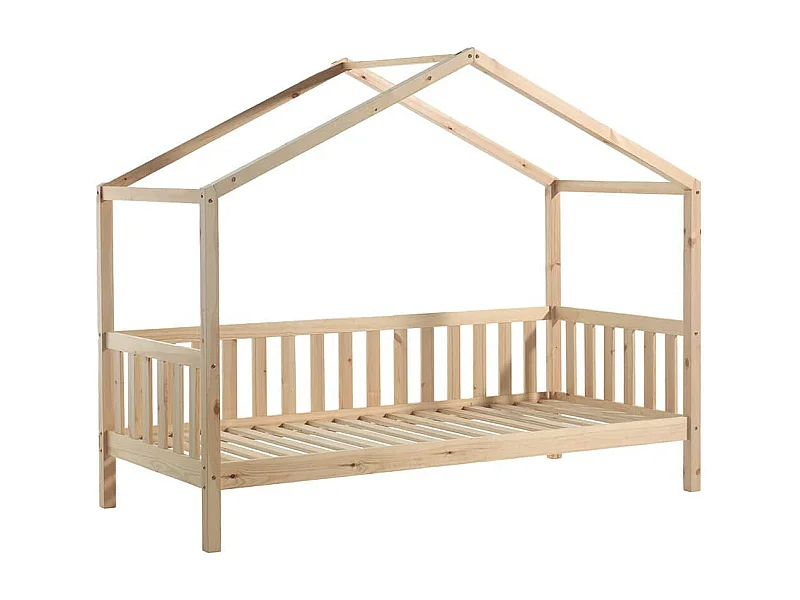 ARKAN - Lit Maison à Barrières 90x200cm Pin Massif Naturel