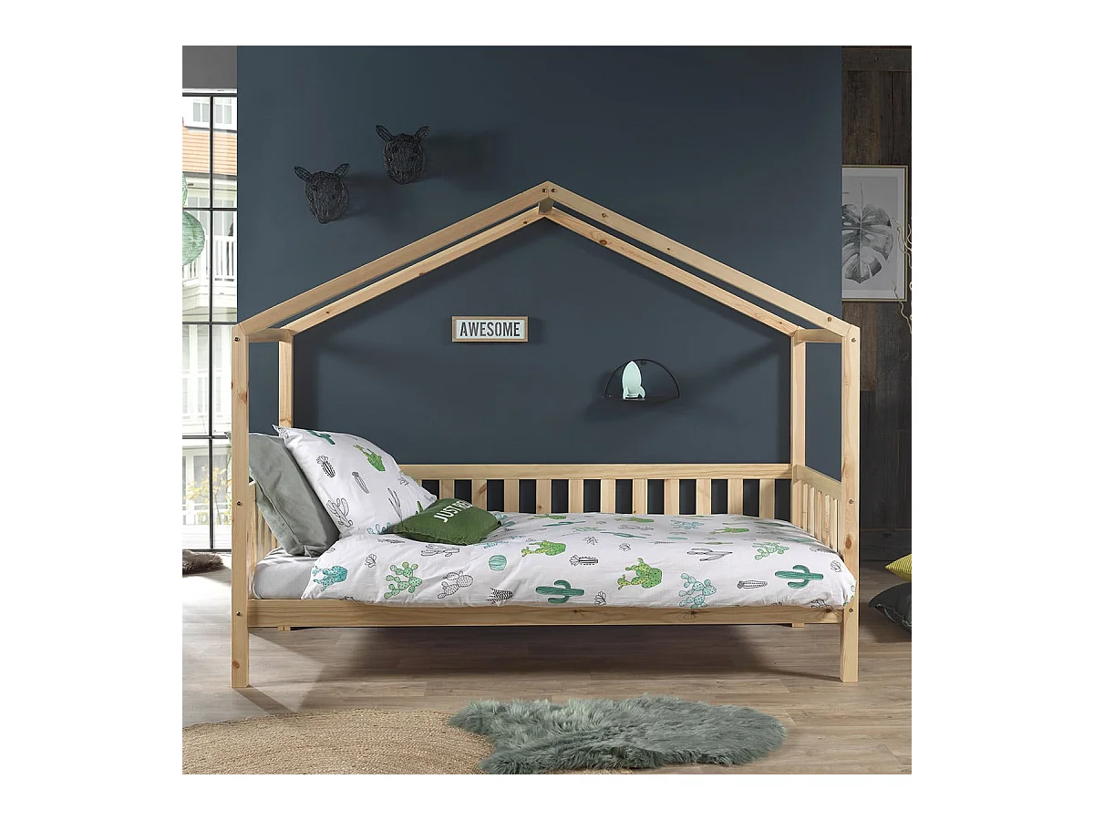 ARKAN - Lit Maison à Barrières 90x200cm Pin Massif Naturel