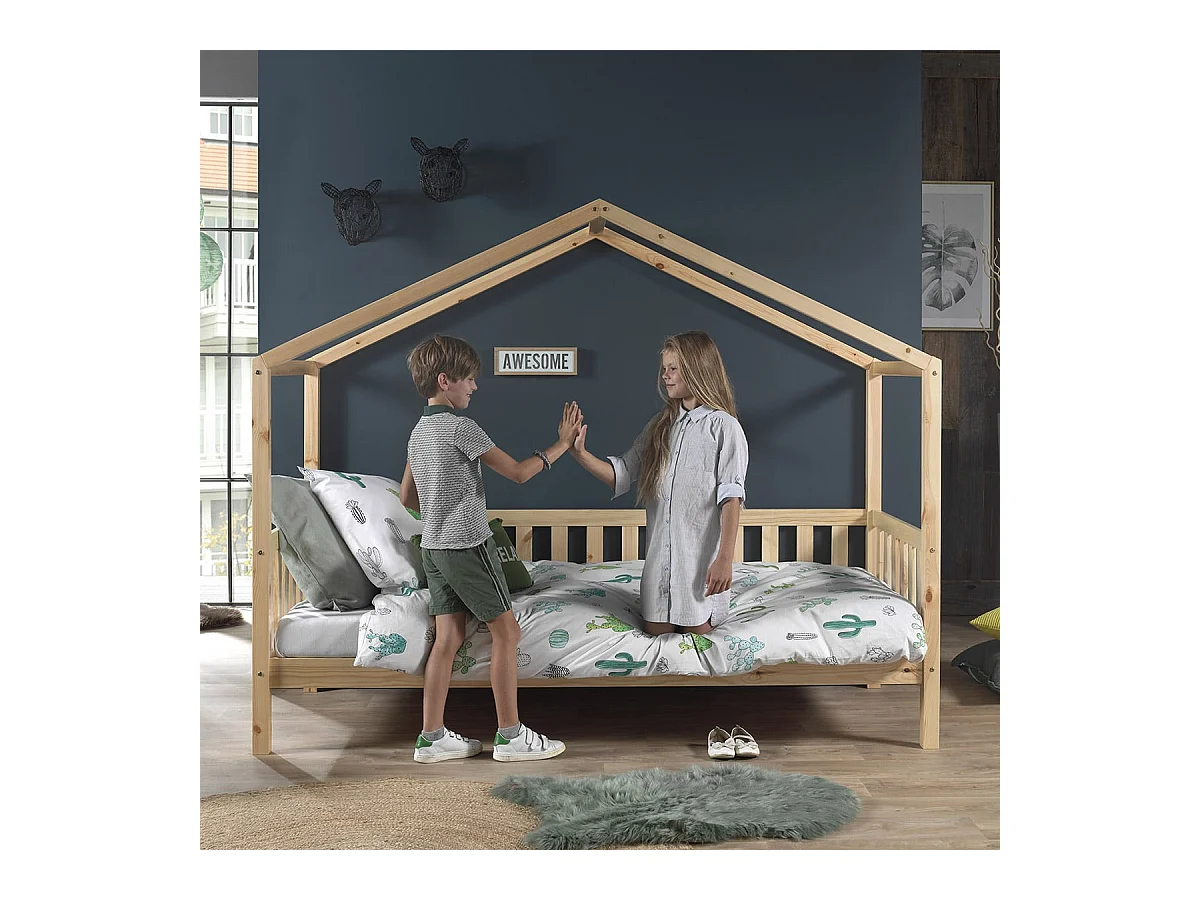 ARKAN - Lit Maison à Barrières 90x200cm Pin Massif Naturel