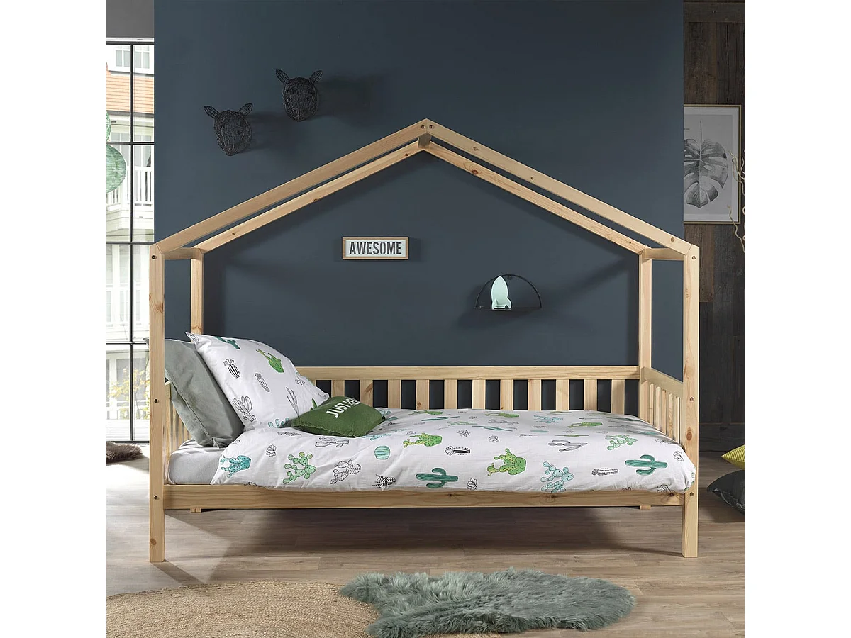 ARKAN - Lit Maison à Barrières 90x200cm Pin Massif Naturel