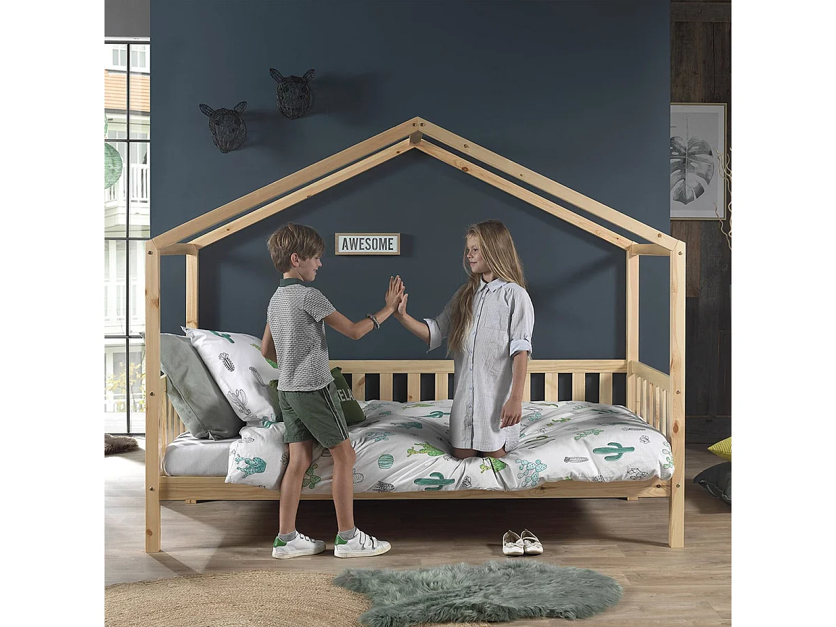 ARKAN - Lit Maison à Barrières 90x200cm Pin Massif Naturel