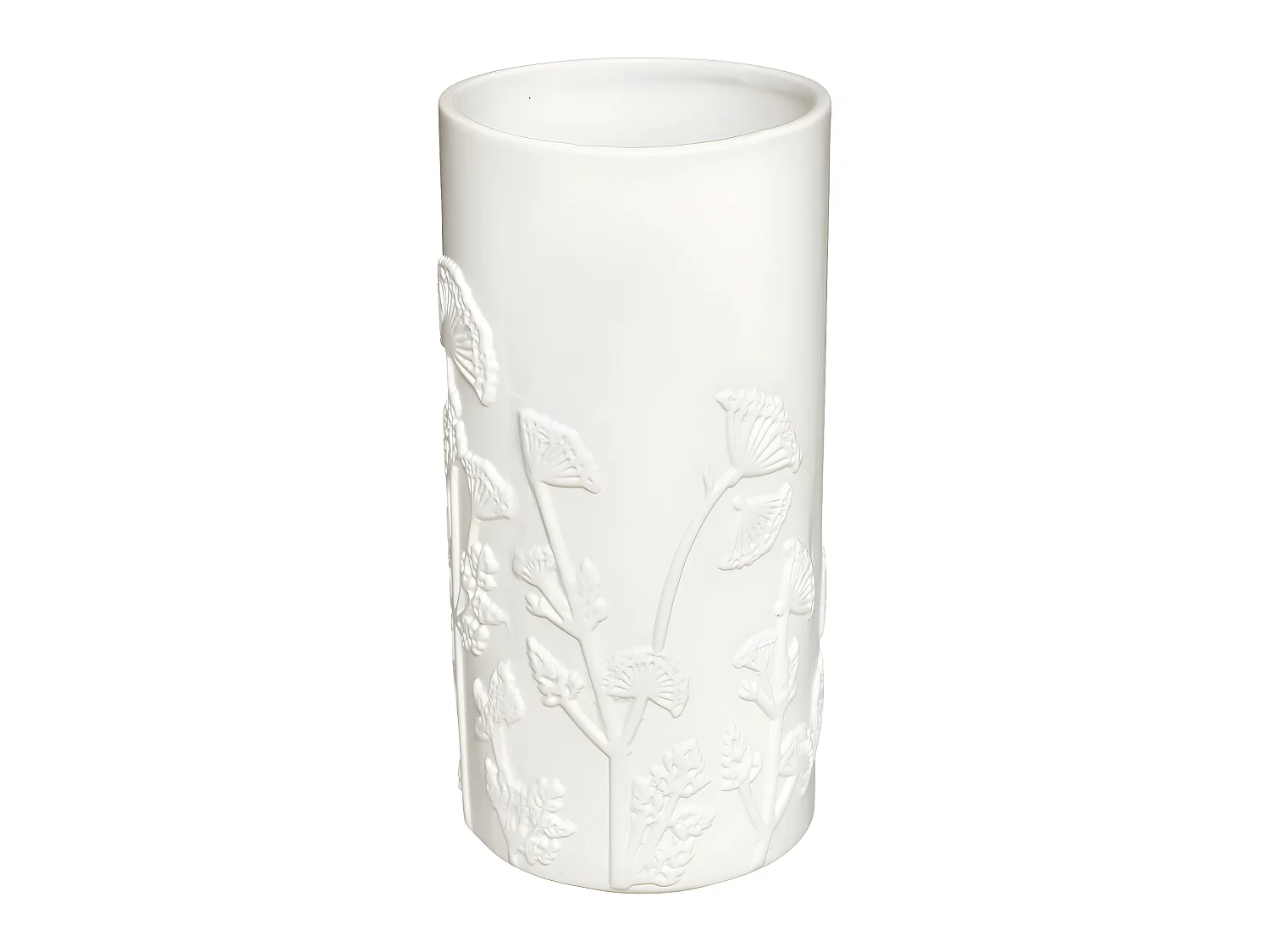 Vase en Céramique blanche Fleurs en relief D. 12 x H. 25 cm